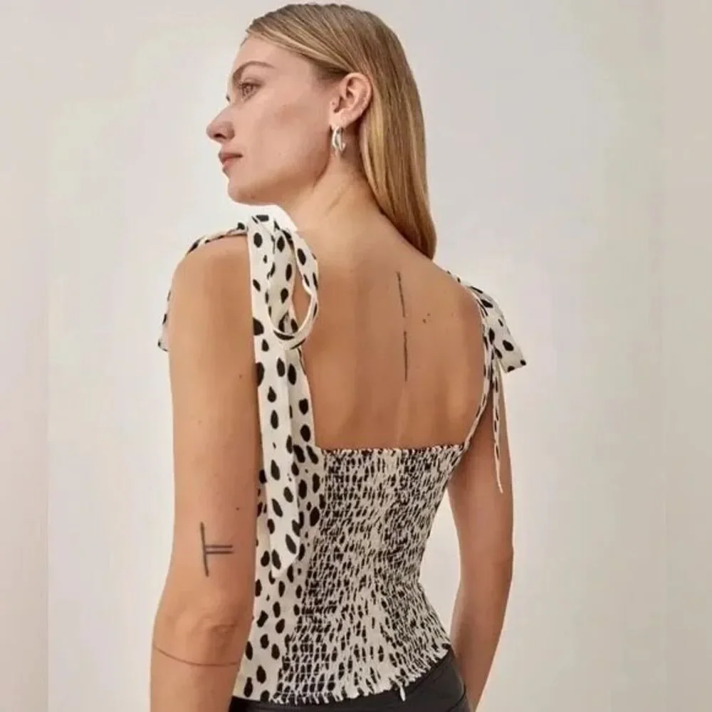 Reformation Women's Cream Black Cheetah Print Ellora Top Size 0 NWOT - Picture 2 of 7